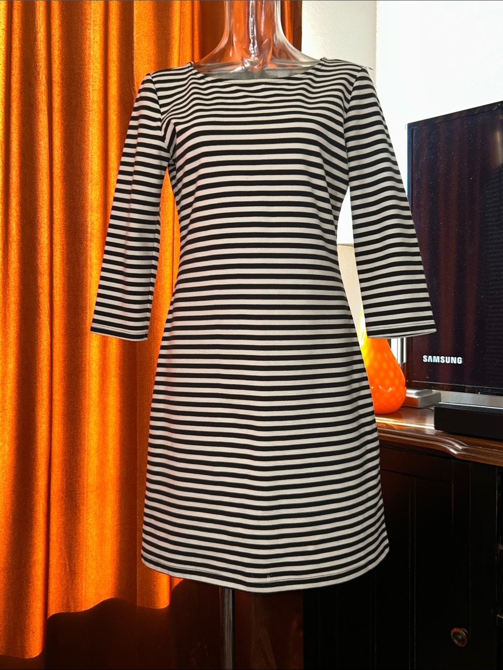 Old Navy Black and White Striped Long-Sleeve Shift Dress